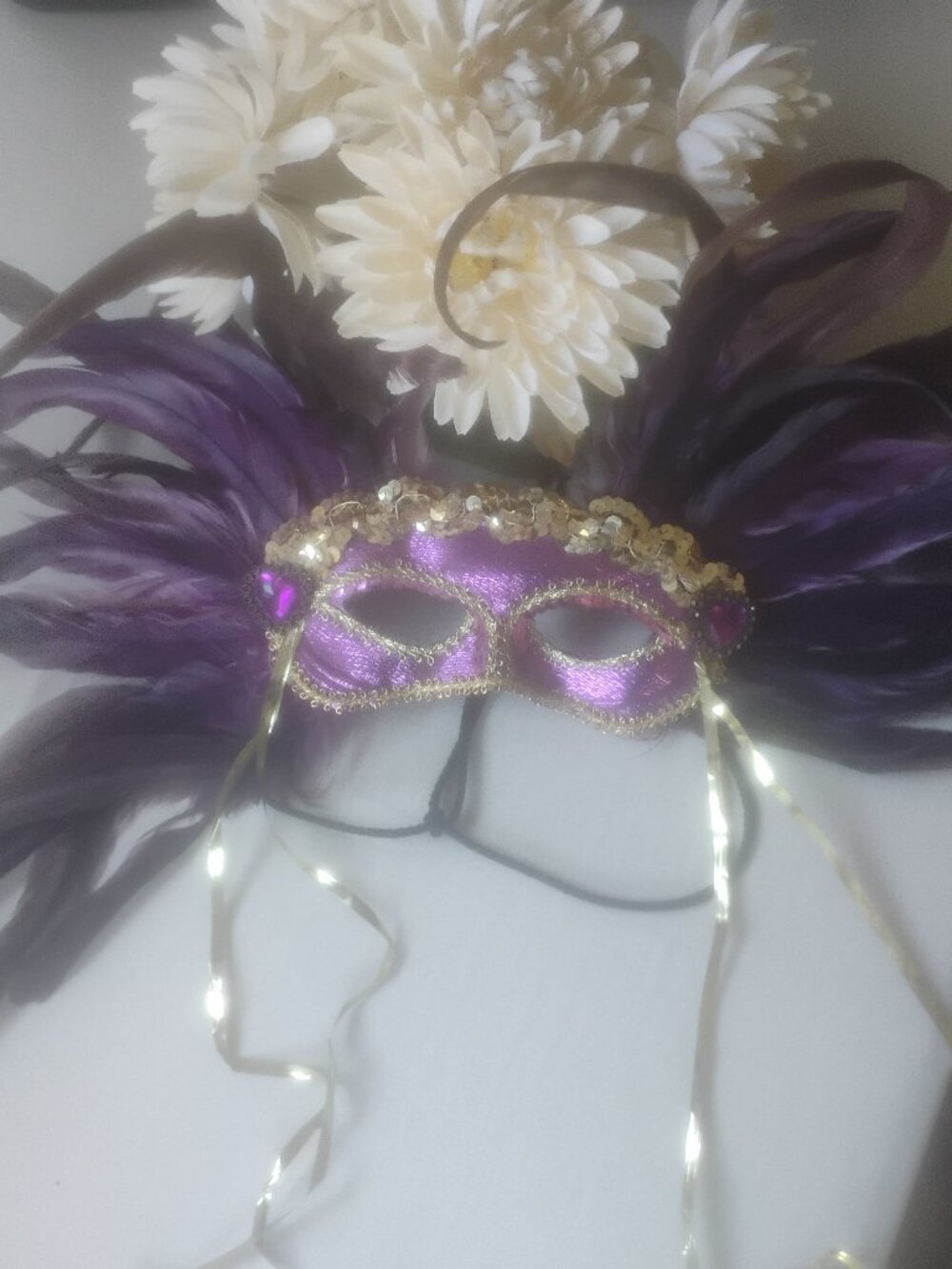 Set of 2 Purple & Gold Feather Masquerade Masks Mardi Gras Venetian Party Decor